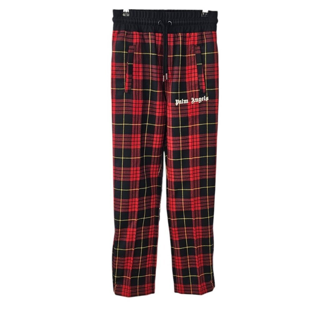 Palm Angels Mens Red & Black Logo Wool Trousers, Zip Bottom, Plaid, Pants, 44/XS